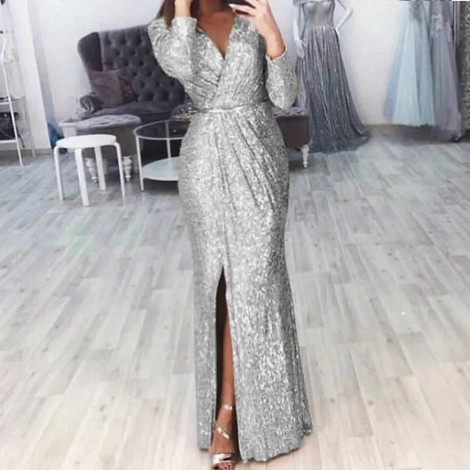

Women Sequin High Slit Party Dress Ruched Evening Glitter Dresses Deep V Neck Long Sleeve Vestidos Summer New Sexy