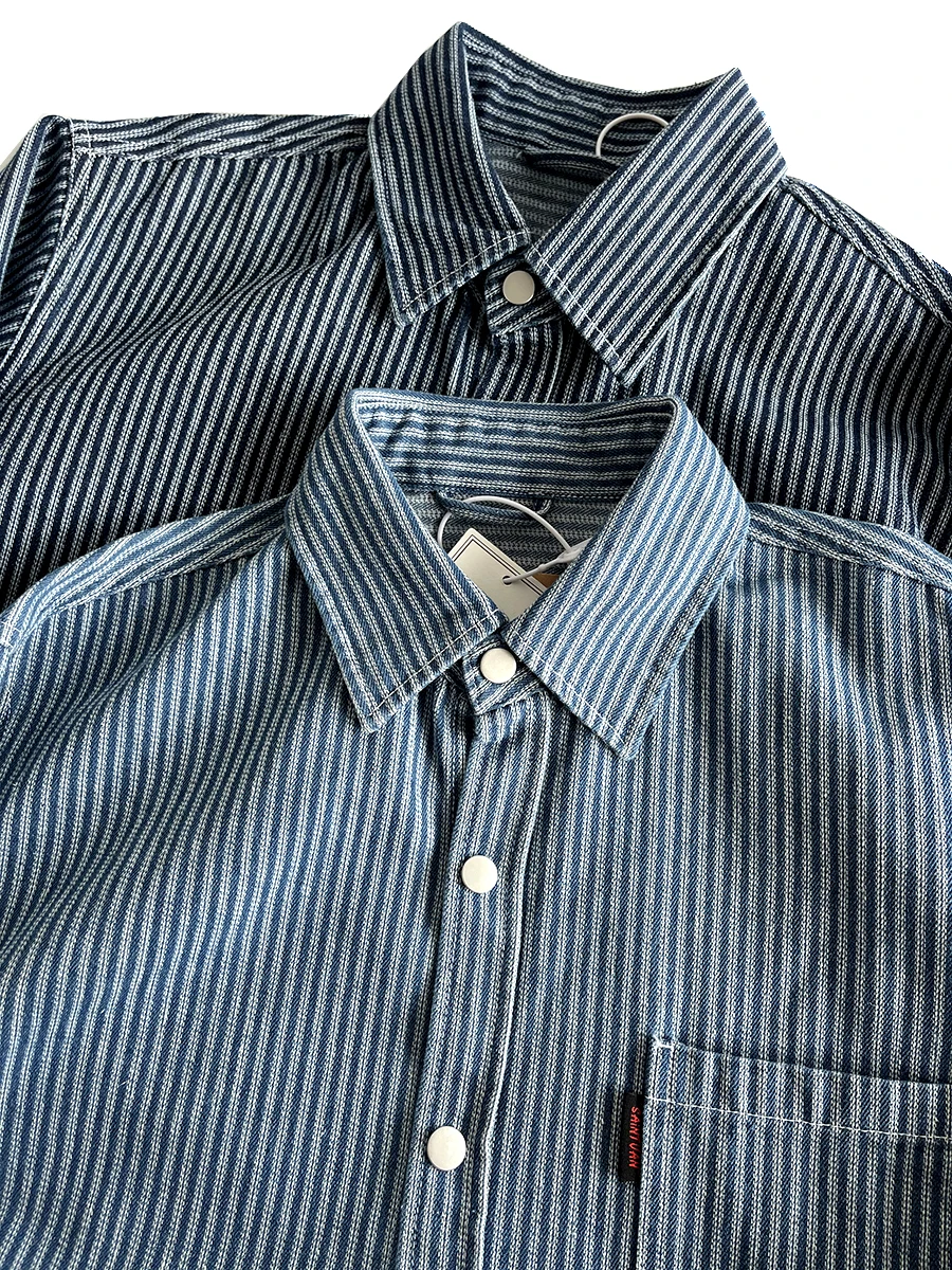 

Мужская джинсовая рубашка в полоску в американском ретро-стиле, осенняя, свободного кроя, цвета хаки, с длинным рукавом, в морскую полоску