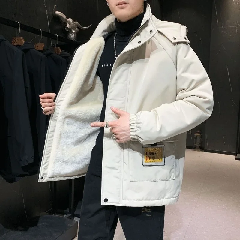 

Winter Jacket Mid-length Large Size Dad Parkas New Men Cotton Coat Brushed Thicken Warm Outwear Removable Cap Overcoat