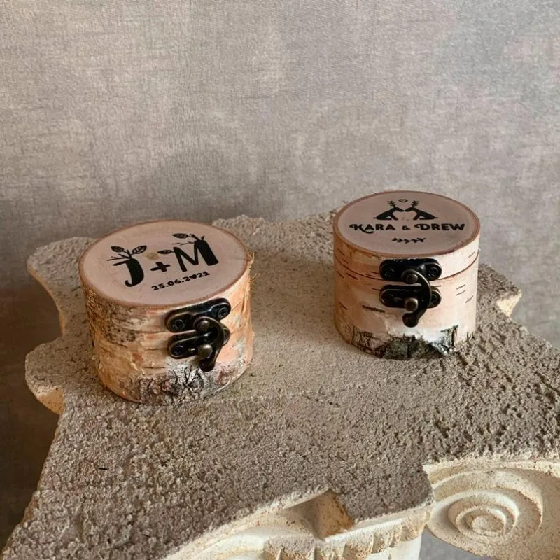 

Custom Bark Ring Box Engraved Name Date Wooden Ring Box Retro Wedding Wooden Handmade Jewelry Box