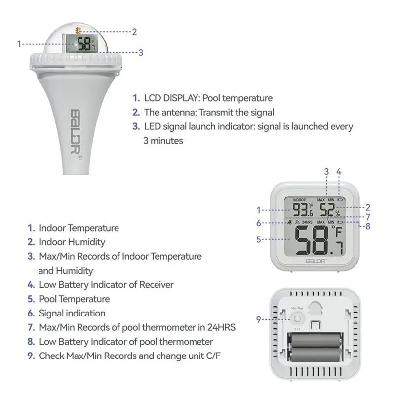 Floating Pool Thermometer Set Outdoor Pool Temperature Sensor Indoor Humidity Monitor Water And Air Temp Readings