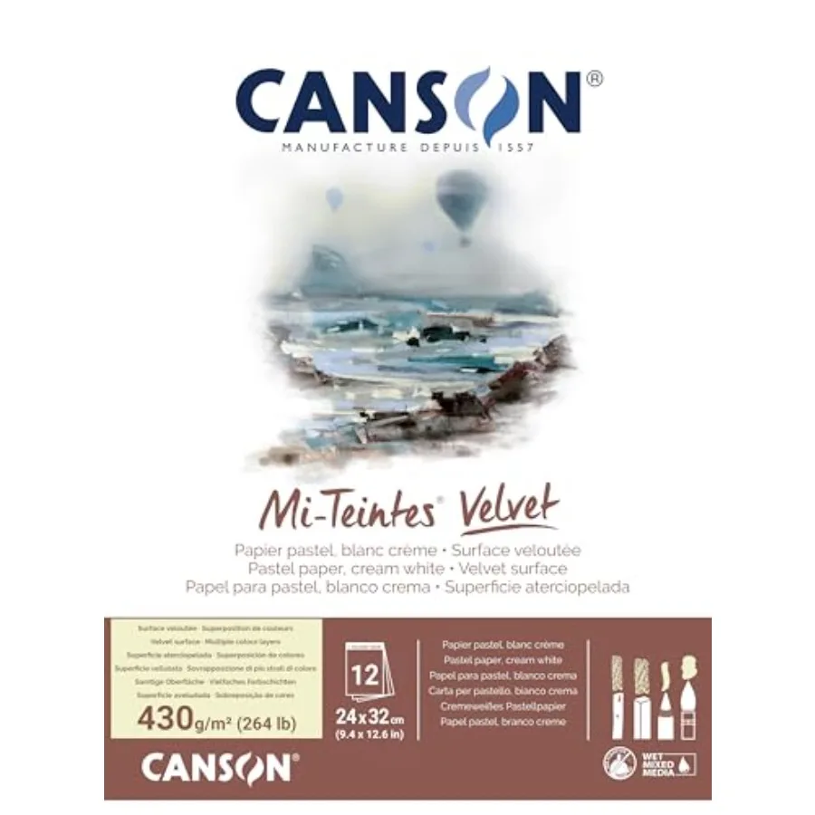 

Mi-Teintes Velvet Drawing Paper Pad Cream White Glue Binding 260lb/430g 12 Sheet 9.4x12.6 inch 1 Count