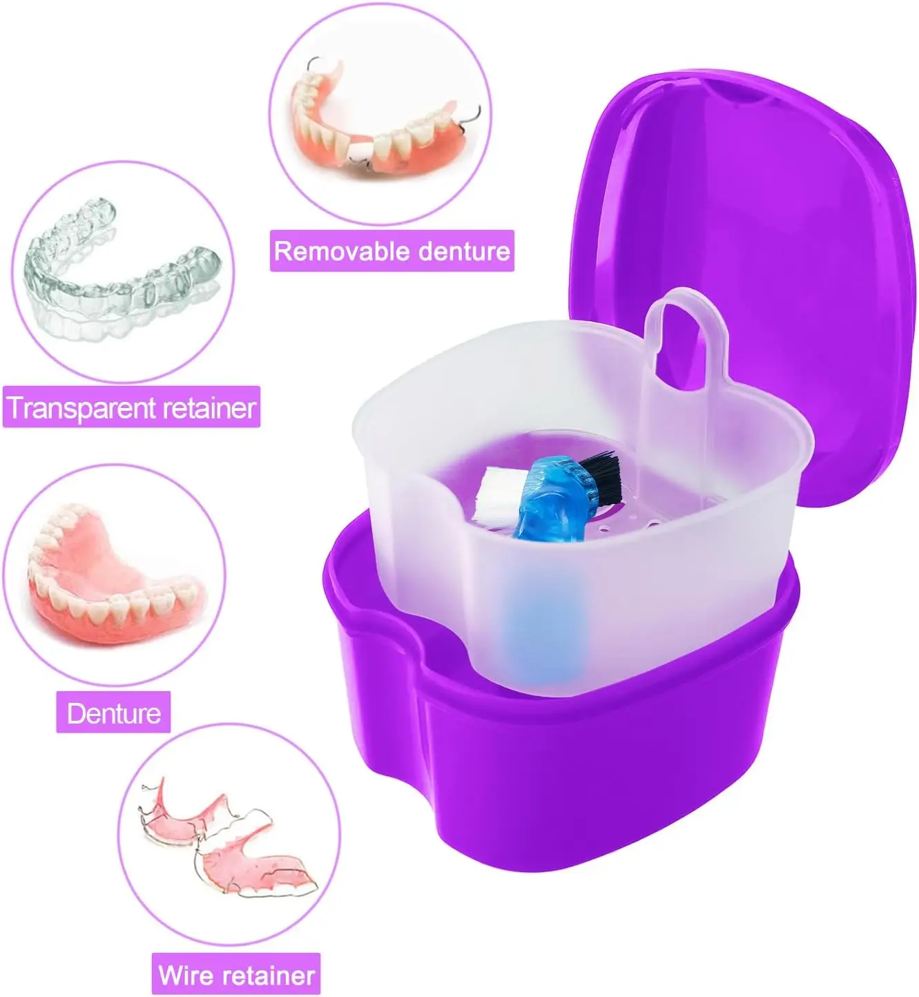 Denture Bath Case with Brush, Denture Cup Soaking Holder False Teeth Container Mouth Guard Storage Case Cleaning with L