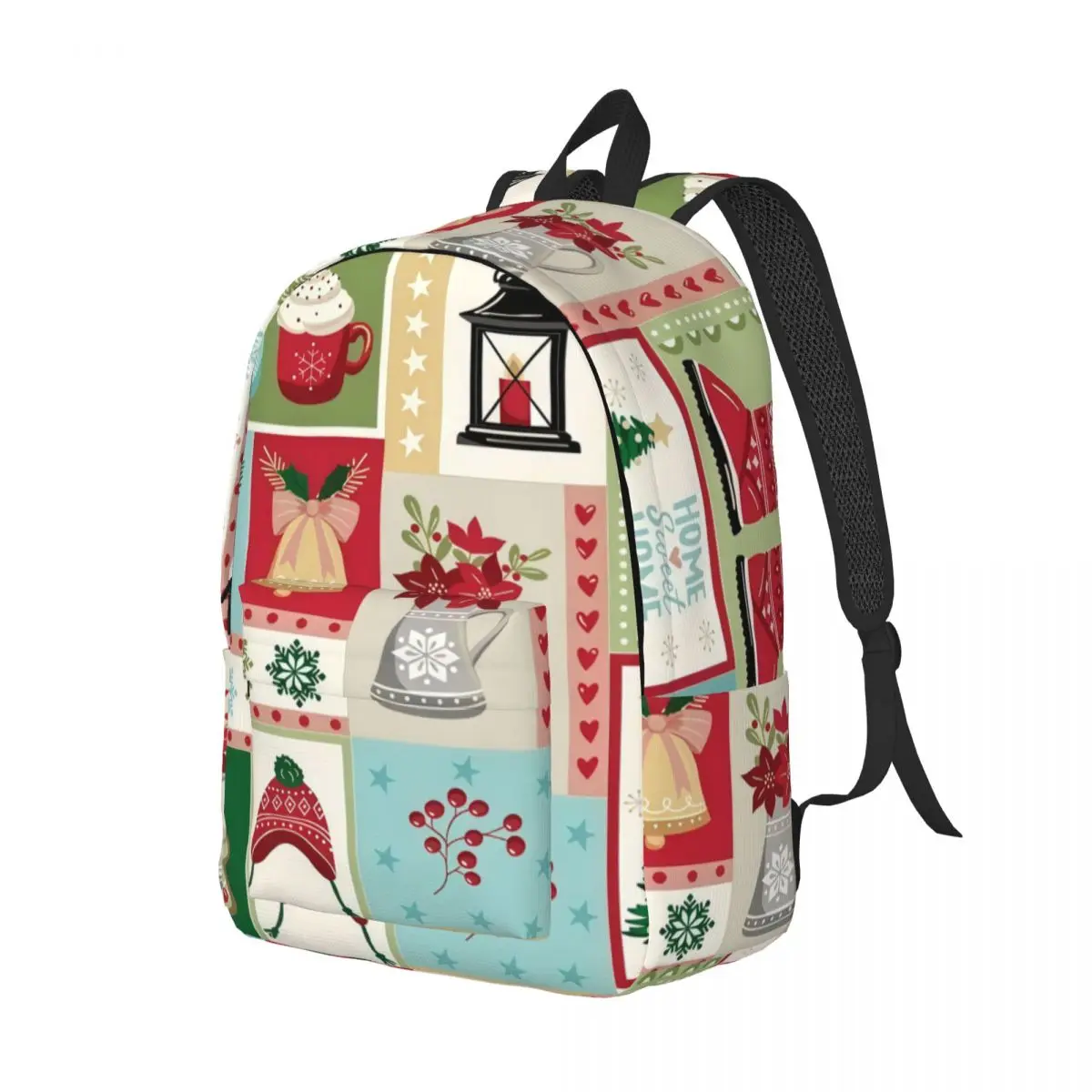 Winter Holiday Print Backpack Grid Christmas Patches Tiles Folk Christmas Red Green Teal Cream Holiday Bookbag for Girls Boys