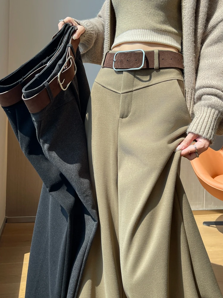 

Шерстяной костюм, широкие брюки, женские осенне-зимние новые свободные повседневные брюки с высокой талией, универсальные прямые брюки длиной до пола