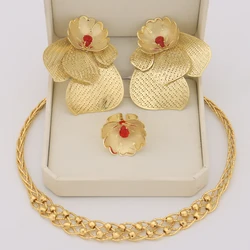 Original Dubai Flower Shape Women Copper Jewelry Sets Charming  Earrings Ring Necklace Sets Gift For African Party Valentine