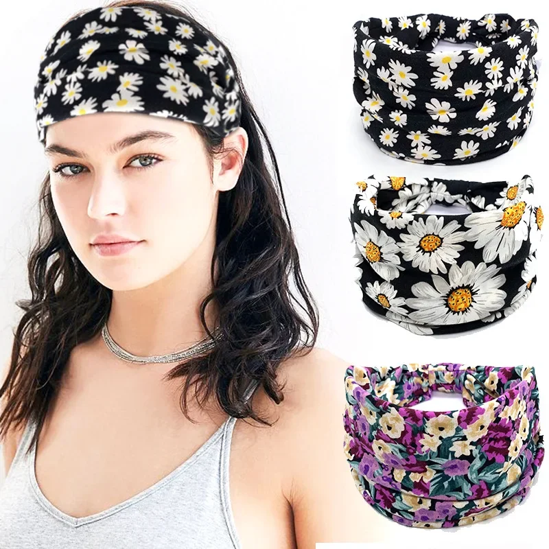 

European Print Plaid Elastic Sports Wide Brim Headband Sweat Absorb Women's Yoga Headscarf Headwear