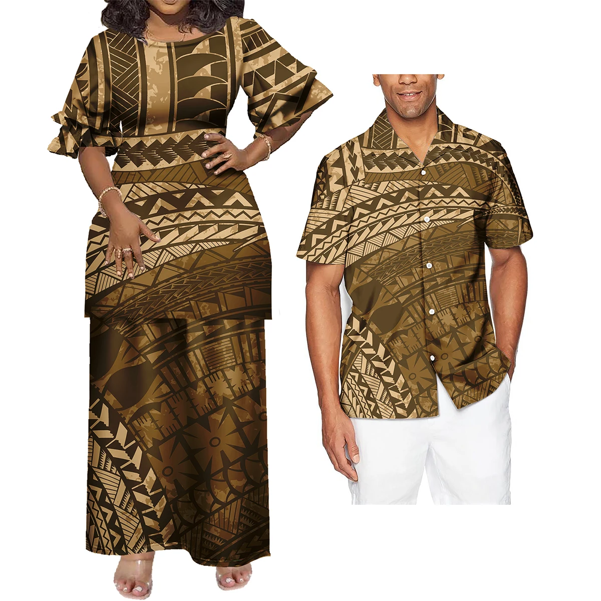 

Wholesale Custom Polynesian Tonga Tribal Design Couples Matching Outfits Maxi Dress And Mens Shirts Aloha