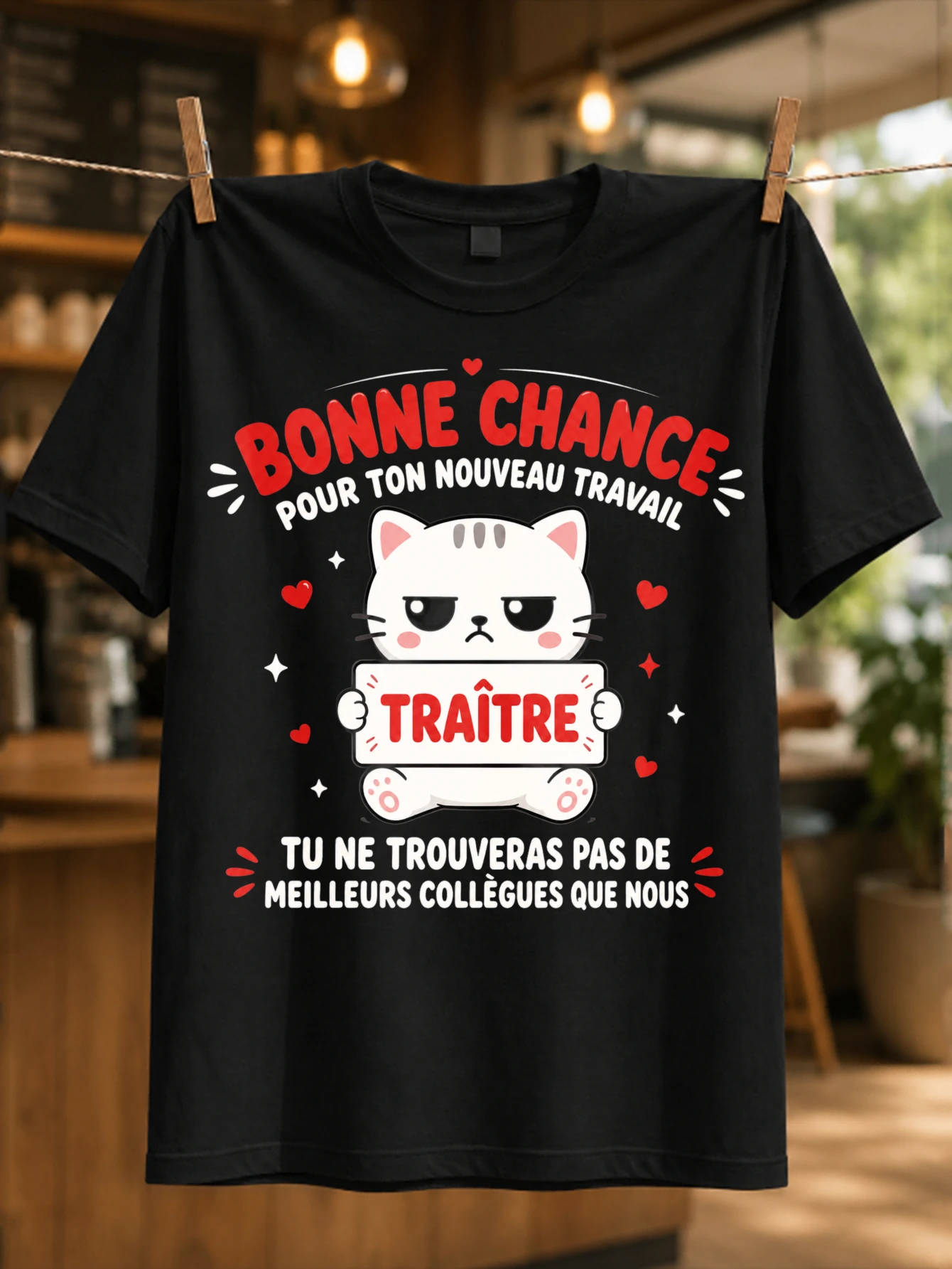 French New Job Traitor Scowling Cat with Speech Style Lettering and Red Accents Bold New Job  Unisex All T-Shirt