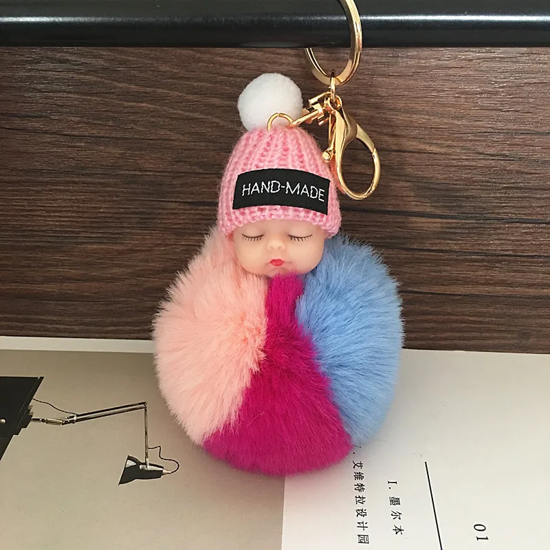 infant keychain Pompom sleeping baby keychain cute fluffy Plush doll Keychains Women Girl Bag keyrings Cars Key ring Jewelry