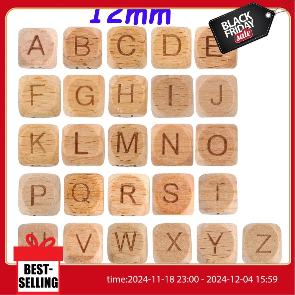 12MM Beech Wooden Alphabet Beads 20/50Pcs Square Letter Bead DIY Personalised Name Pacifier Chain Accessories For Jewelry Making