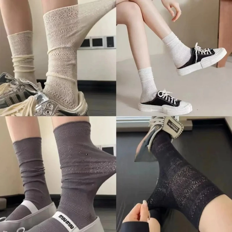 甘いメッシュ中空白パイルソックス透明薄型レースソックスシルクレトロフラワークルーソックス女性レディース
