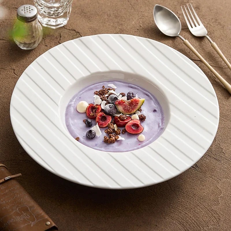 Line pattern straw hat plate ceramic plate premium sense light luxury hotel restaurant western soup pasta fruit salad