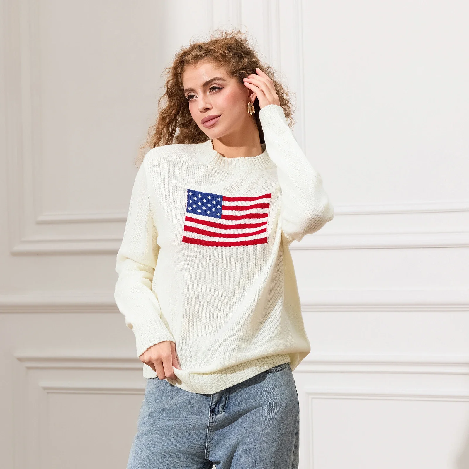 E-Girls Women's Flag Sweaters Casual Loose Long Sleeve Sweatshirts Casual Crew Neck Loose Fit Knit Pullover Jumper Tops Sweaters