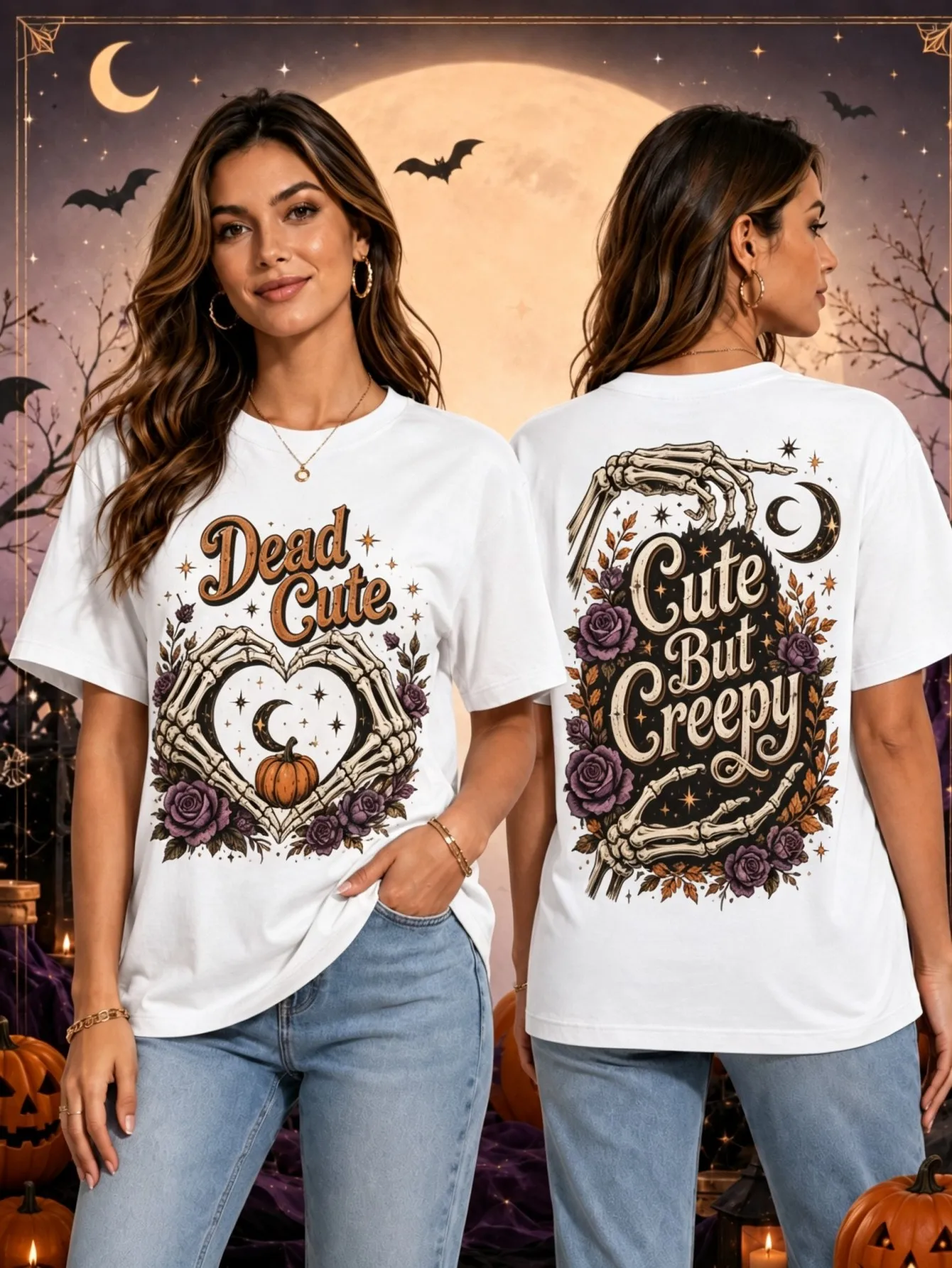 Halloween Skeleton Hand Love Pumpkin Moon Purple Rose Printed Women's Short Sleeved T-shirt, Gothic Dark Style Loose Edition