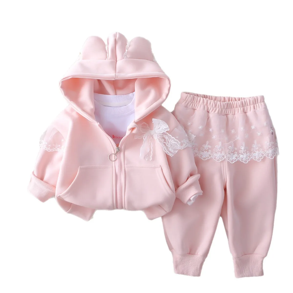 2025 ربيع الخريف الشتاء ملابس الفتيات النمط الغربي مجموعة جديدة للأطفال موضة ملابس خارجية القوس الدانتيل ثلاث قطع مجموعة