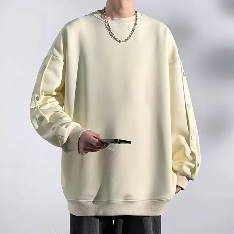 2024 Autumn Men Fake Button Drop Long Sleeve Casual Hoodie Male Solid Streetwear Daily O-Neck Sweatshirt School Boys Pullovers