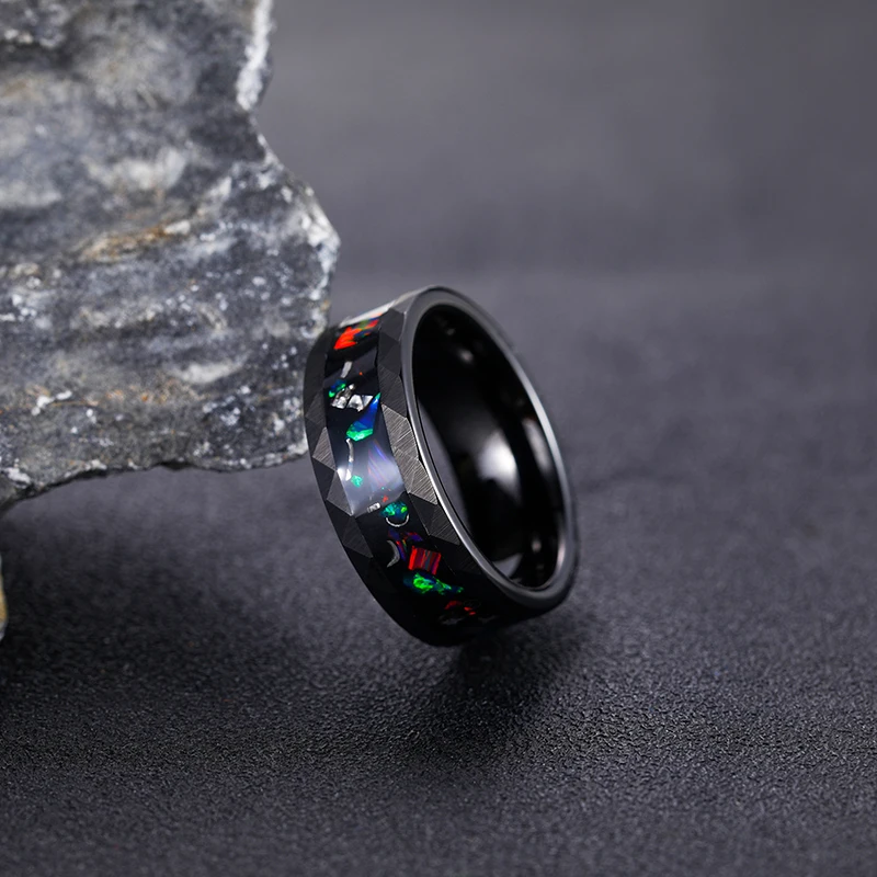 Tigrade 8mm Men's Black Tungsten Wedding Rings For Men Opal and Metal Slag inlay Hammered Edge Engagement Promise Ring Jewelry view 2