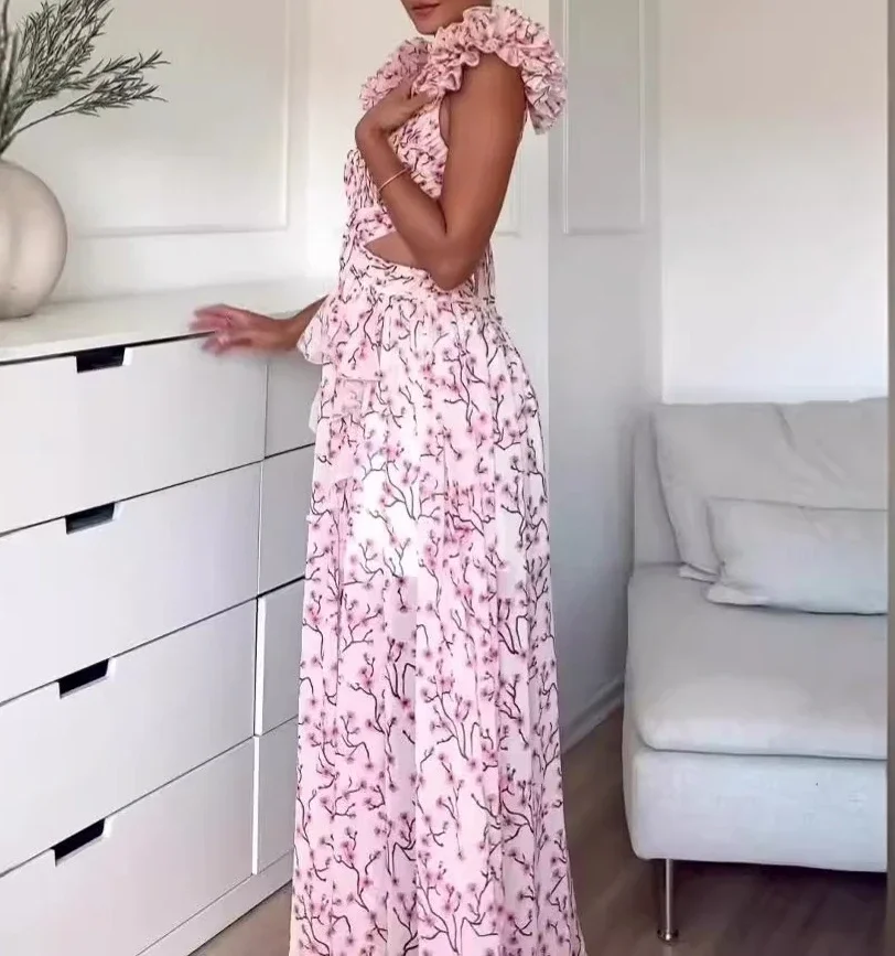 Saia longa sem encosto feminina, elegante vestido Y2K com alça, temperamento para pendulares, nova estampa de moda, verão 2022