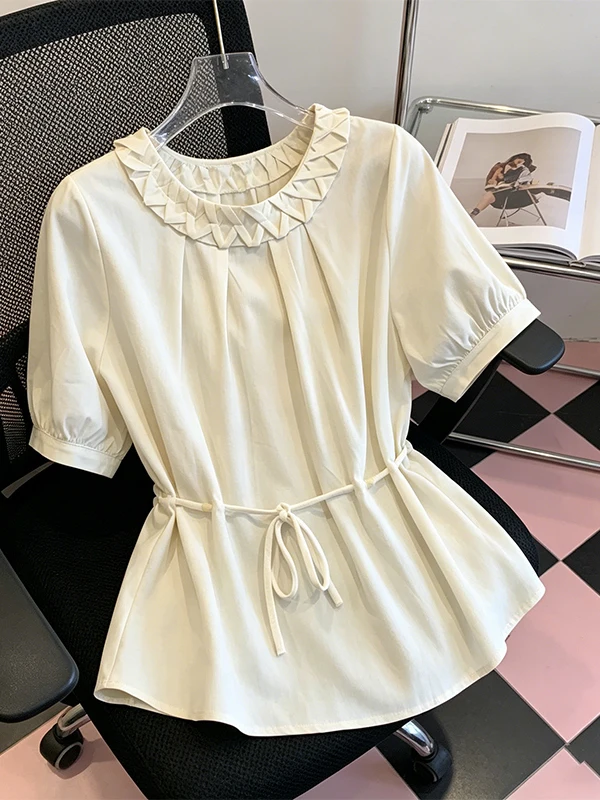 

plus Size Summer Short Sleeve Shirt Cute Doll Shoulder Women's Fashion Beaded Waist Cinched Doll Top Korean Style Loose Fit