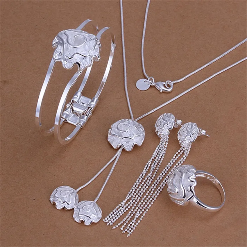 

Fashion 925 sterling Silver rose flower bangle Bracelets rings necklaces earrings stud for women Party gifts wedding Jewelry set