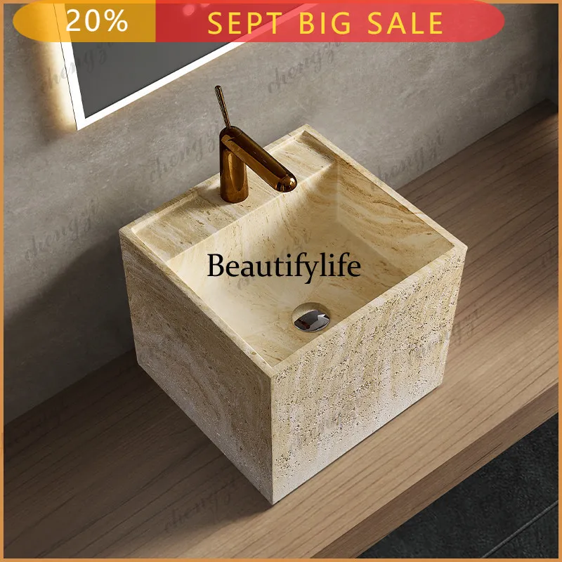 D136 Medieval style wabi-sabi style marble travertine floor-to-ceiling wash basin hotel homestay column basin
