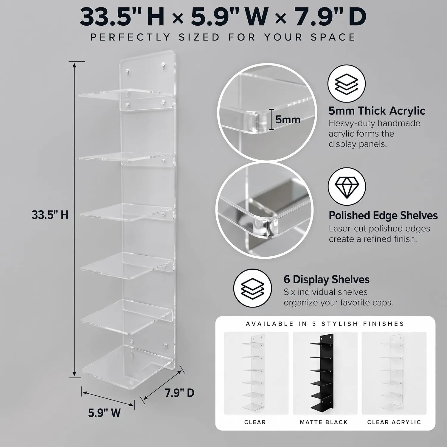 Acrylic Hat Rack Wall Mount Baseball Cap Display Shelf Organizer, Customized