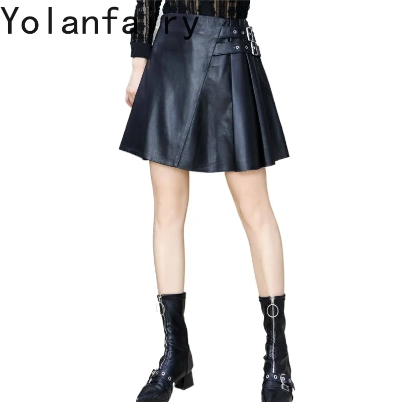 YOLANFAIRY Women Genuine Sheepskin Half Skirt New Autumn Fashion Mini Skirts High Waist A Line Umbrella Short Real Leather Skirt