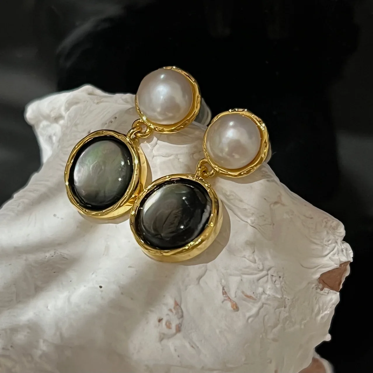 Brass Geo Pearl  Natural Stone Earrings Punk Party Gown Brincos Runway rare Boucle d'oreille Korean Japan Style Fashion