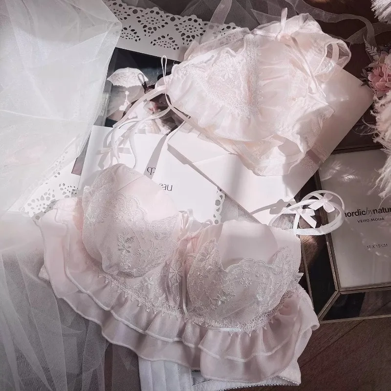 Japanisches Lolita-Spitzen-BH-Set, halbe Körbchen, süße, sexy Dessous für Frauen, kleine Brüste, Push-up, unterstützend, rein feminin, Mädchen-Charme, S-XL