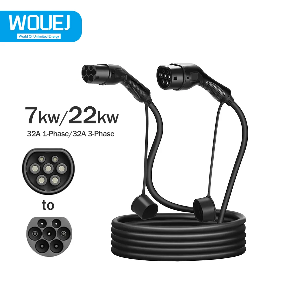 WOUEJ Type 2 7KW 32A 1 Phase 3.5M/5M Charging Cable Electric Vehicle Cord for Station EVSE Female to Male Plug