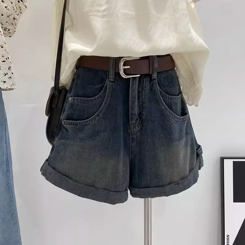 Neue Retro-Jeansshorts mit gerolltem Rand, 2025, hohe Taille, lockeres gerades Bein, A-Linie, weites Bein, schicke Tasche, heiße Jeanshose