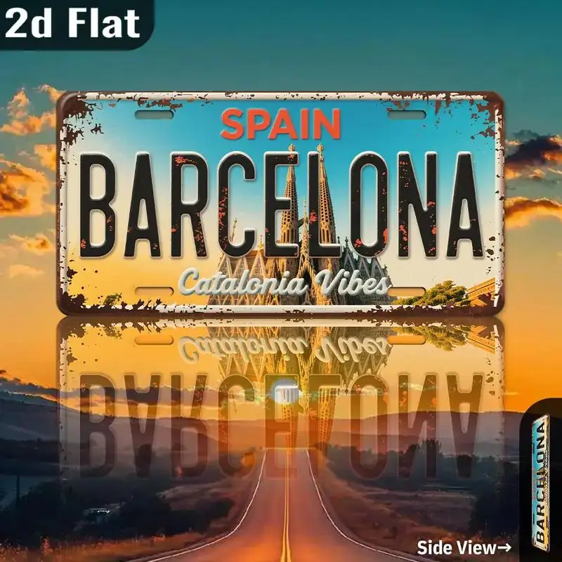 Diseño Plano 2D, Placa Metálica Vintage, Letrero Decorativo de Aluminio, Letrero Decorativo de la Ciudad de Barcelona de España