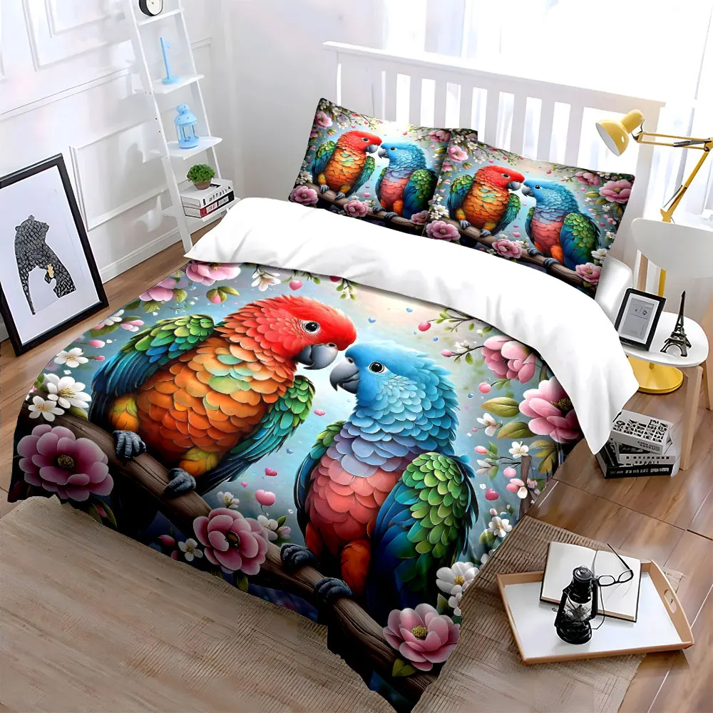 Colorful parrots on flowering branches Print Bedding Set 1 Duvet Cover 2 Pillowcases for Adult and Children Luxury Gift