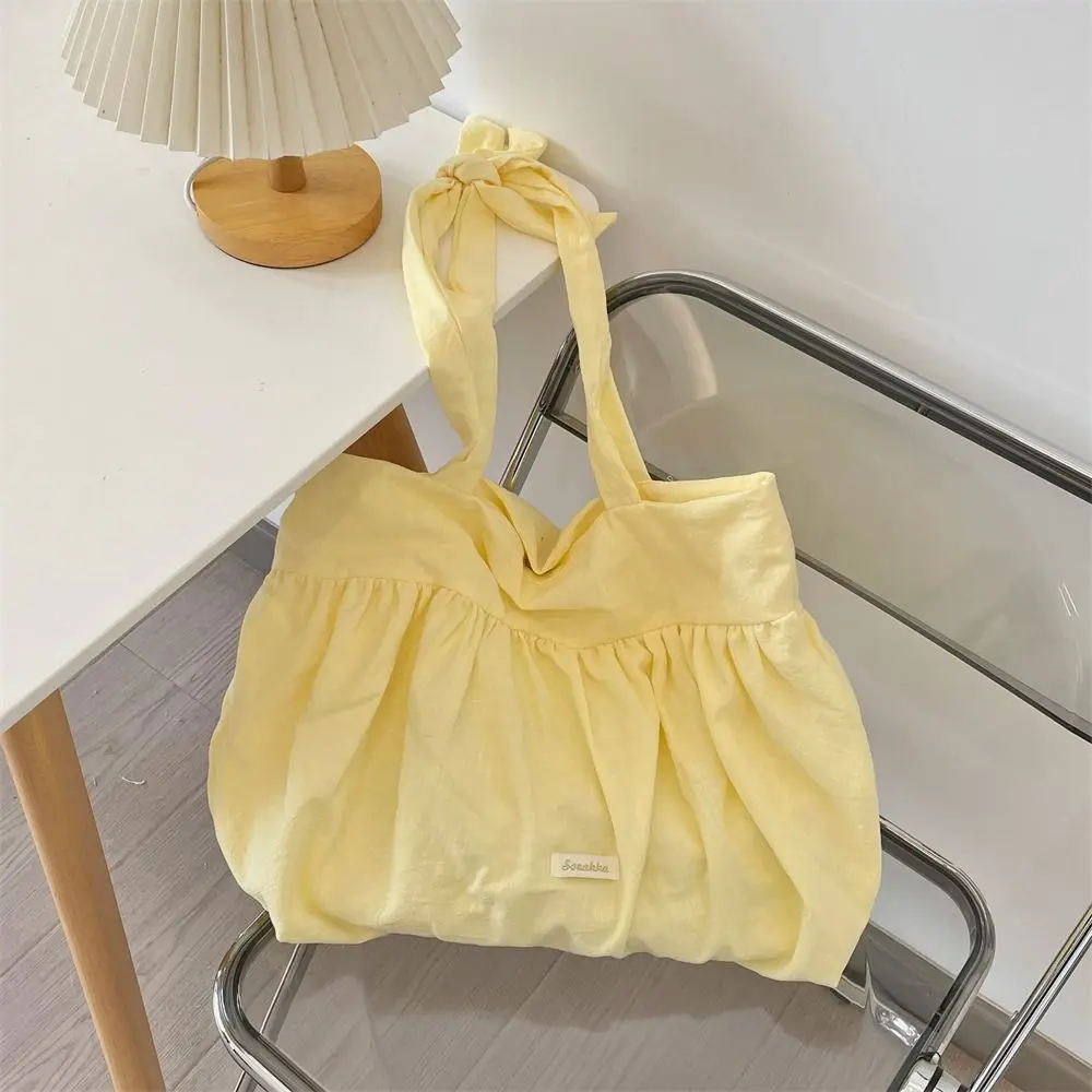 

Sweet Canvas Pleated Shoulder Bag Bow Korean Style Pleated Hobo Bag Fresh Color Large Capacity Korean Underarm Bag Shopping
