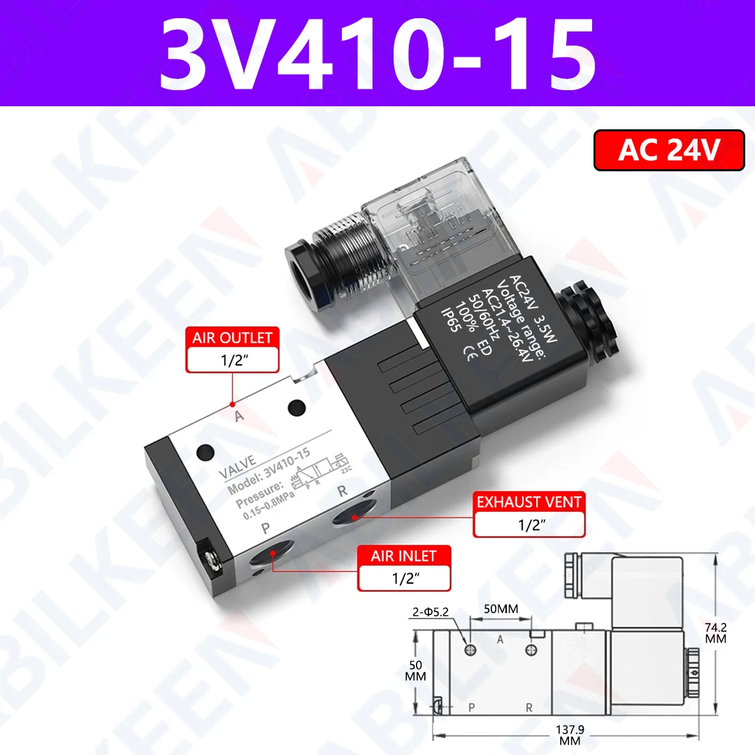 ABILKEEN 3V410-15 PT 1/2'' Air Solenoid Valves Normally Closed 3 Way 2 Position Pneumatic Solenoid Valve 12V 24V 36V 110V 220V
