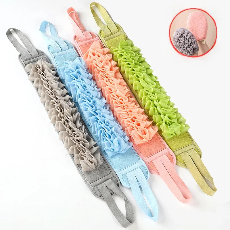 2 In 1 Shower Double-sided Exfoliating Back Scrubber Bath Belt Towel Deep Mud Clean Body Washcloth Rear Scrub Pull Strap