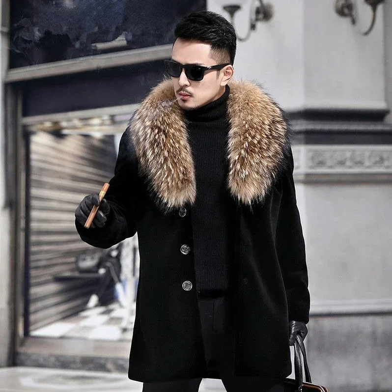 Male Black Faux Fur Collar Coat Button Up Long Sleeve Outerwear Winter Oversize Warm Long Overcoat Men Fake Fur Windbreaker Xxxl