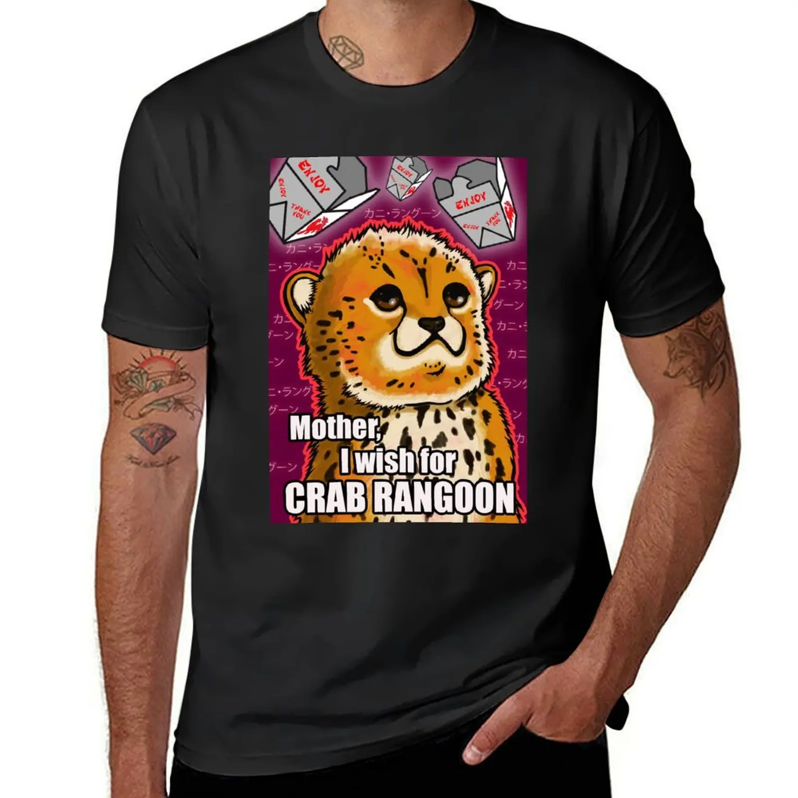 Camiseta de manga curta masculina, desejo para mãe, caranguejo, rangoon, roupas anime, blusa preta, verão