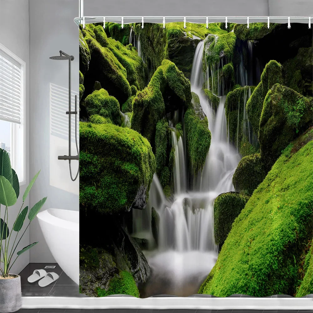 Forest Waterfall Shower Curtains Spring Green Trees Nature Landscape Bath Curtain Garden Wall Hanging Bathroom Decor with Hooks