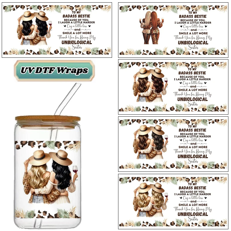 Bestie Unbiological Sister UV DTF Wraps, Leopard Print Friendship Stickers for 16oz Glass Cans, Waterproof DIY Decals