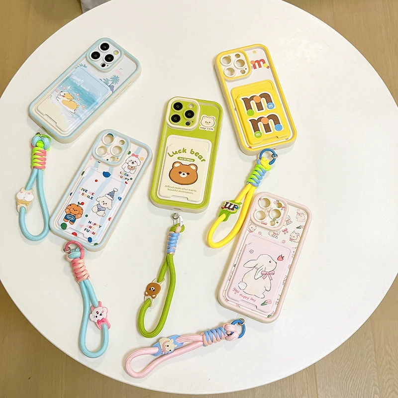 

For iphone 14 pro max phone Case With card holder Apple 15 14 13 pro max 14 plus Cartoon pattern Cover lanyard