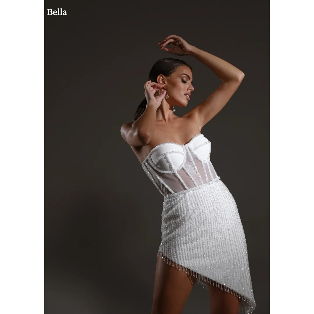 

Белые вечерние платья без бретелек с бисером Bella по индивидуальному заказу, вечерние платья с открытой спиной, короткая юбка без рукавов, платье для выпускного вечера с блестками 2025