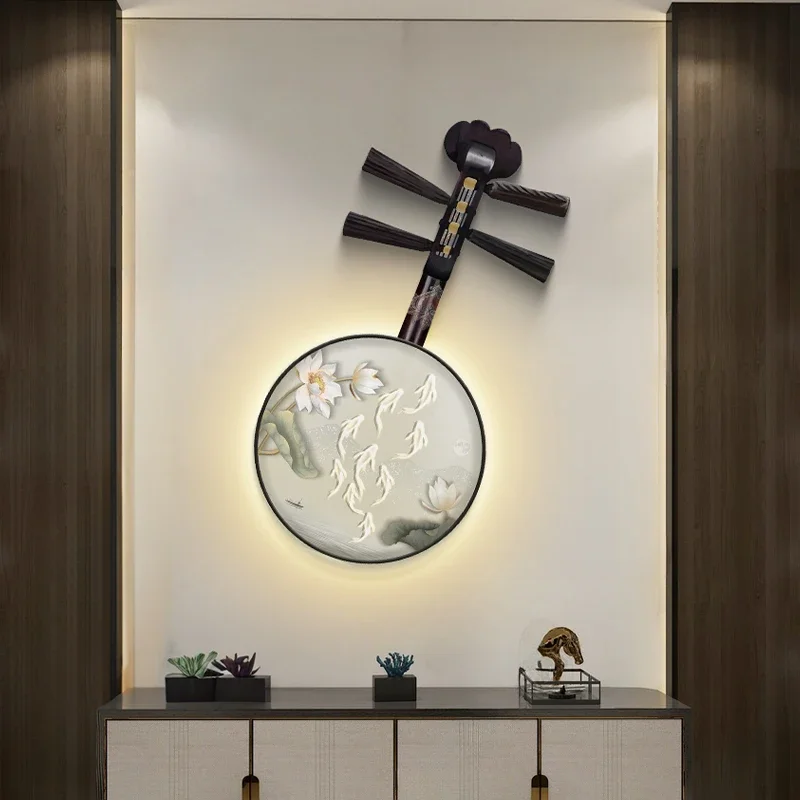 

New Chinese harp entrance decorative painting nine fish picture vertical luminous hanging painting LED light antique