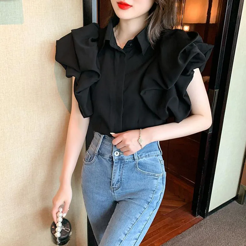 Ruffles Chiffon Shirts for Women Y2K Summer Fashion Elegant Puff Sleeve Buttons Tops Female Korean All Match Blouse New