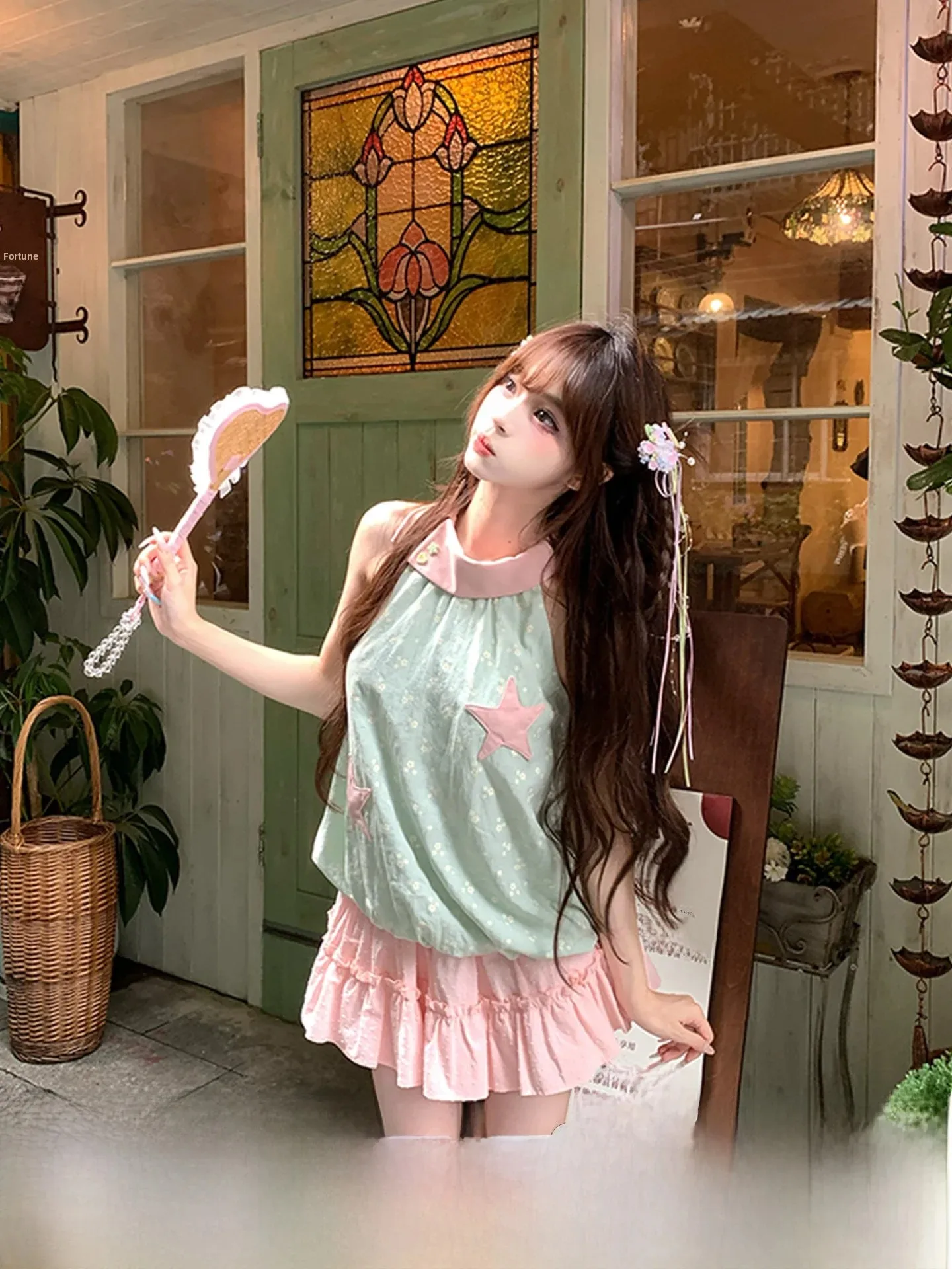 Summer Floral Print Sleeveless Contrast Color T-Shirt Women's Loose Fit Casual Top Polyester Viscose Blend Star Pattern