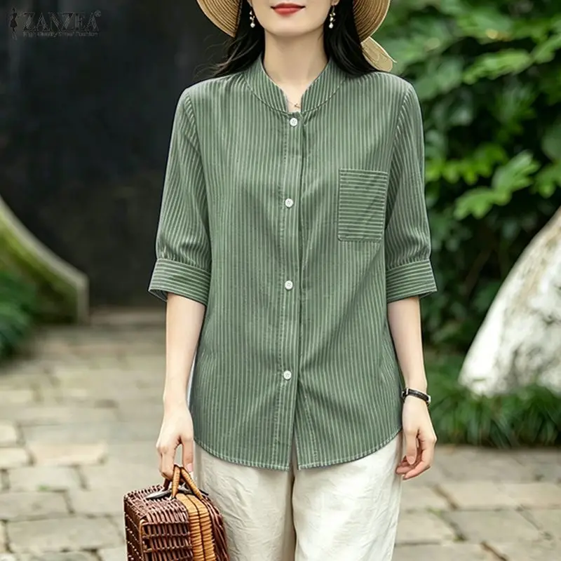 

Woman Stand Collar Striped Shirts Half Sleeve Button Up Tops ZANZEA Spring Summer Daily Casual Patch Pocket Chemises Femme