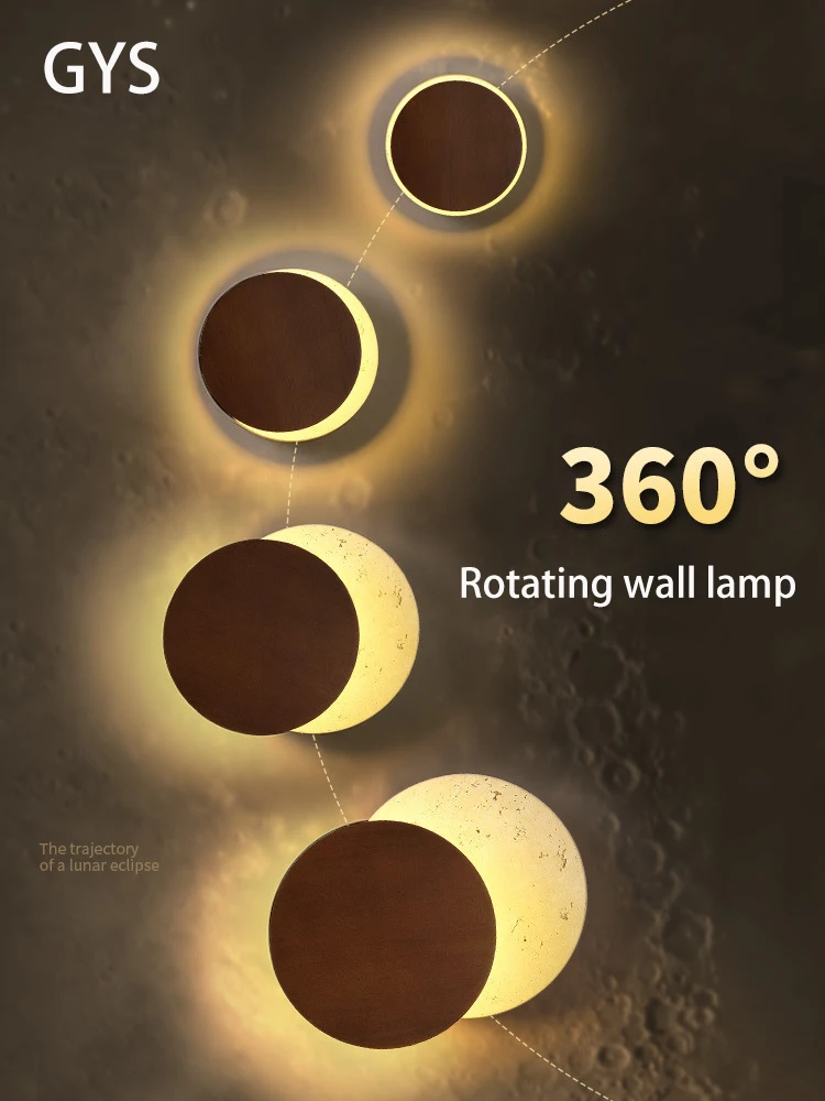 

Led Wall Lamp 360 Degree Rotatable Light Bedroom Bedside Creative Yellow Cave Stone Log Wood Walnut Color Home Decoration Round