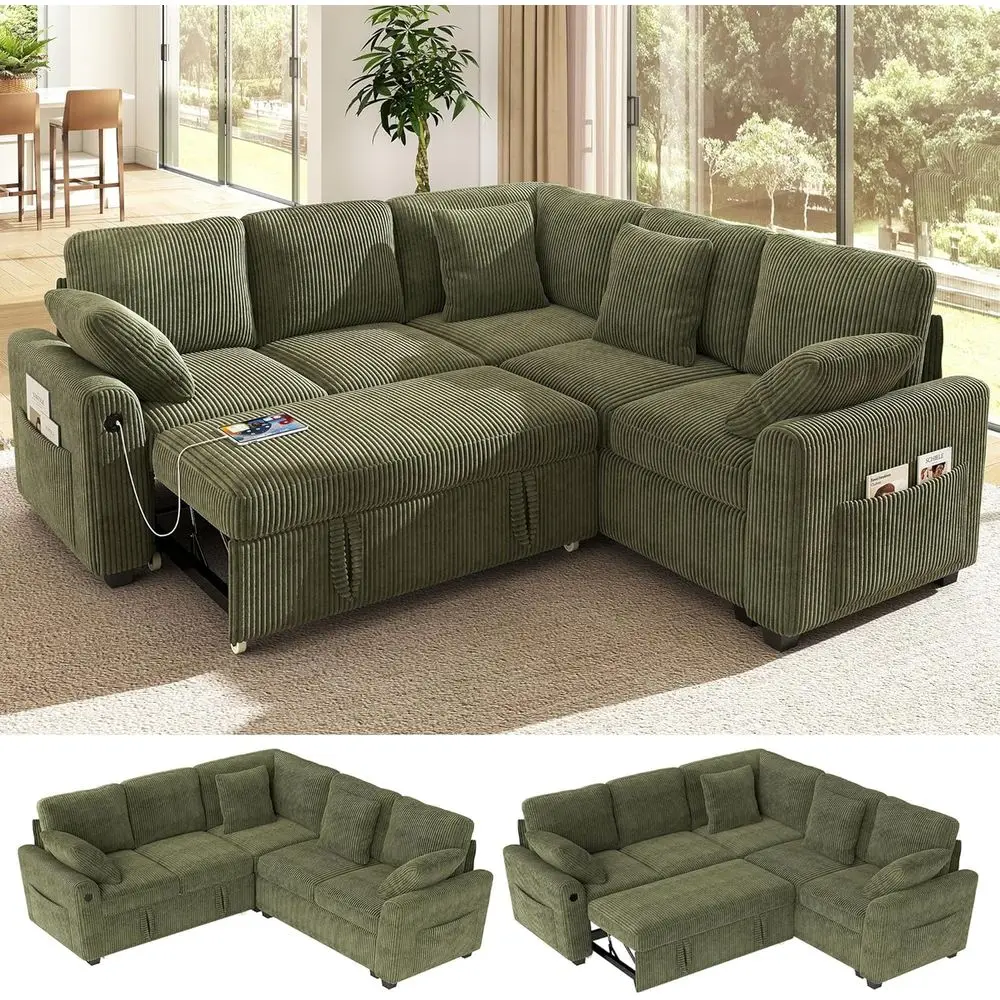 83-inch 5-ater Larctional Soa ed with Stora, Corduroy Reversile ular Sleeper Soa with USPort & 4 Pillows, Convertile L-Shaped Co