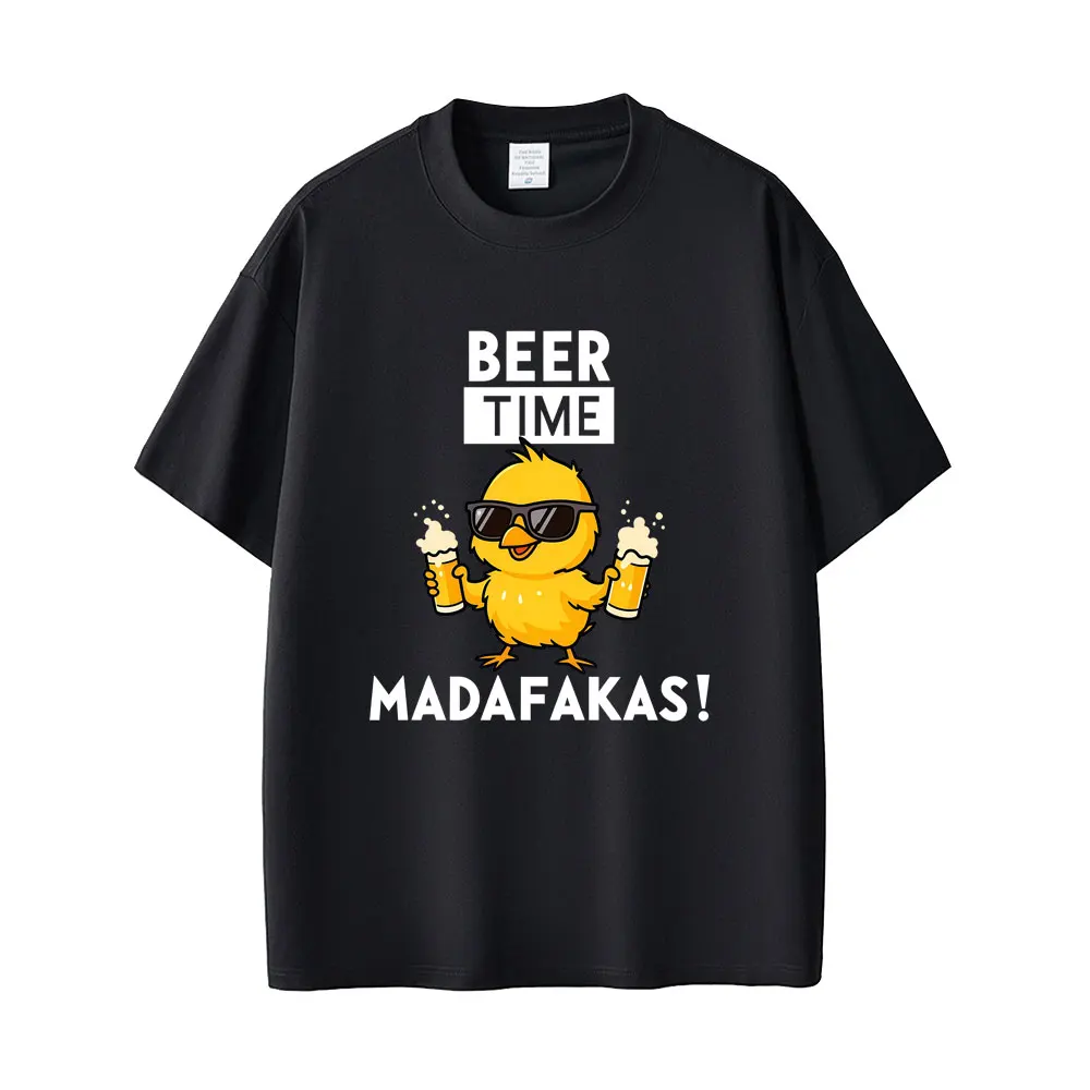 Beer Time Madafakas T-shirt Funny Chick Mascot Holding Two Beers T-Shirts Party Humor Merch T Shirts Men Women Summer Drink Tees